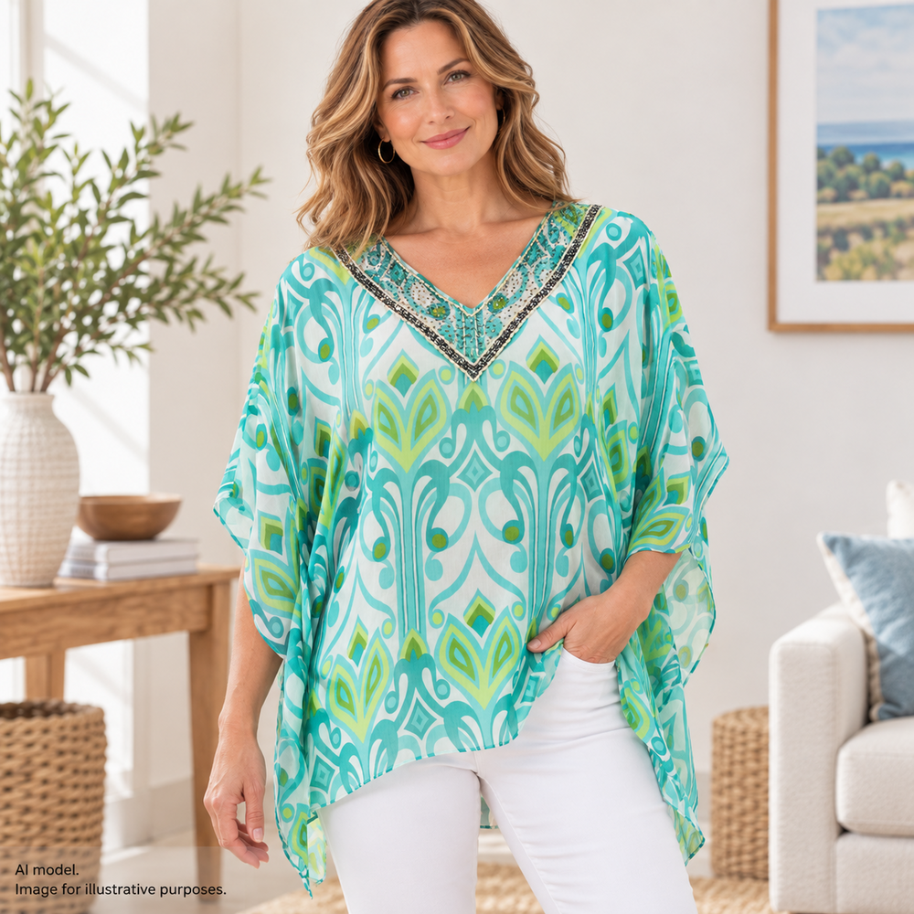 Chicos Top Women S/M Blue Green Beaded Watercolor Sheer Flowy Poncho Kimono Cape